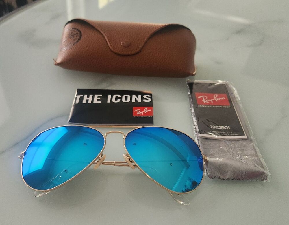 RAY-BAN RB3025 Aviator Gold Metal Frame Blue Mirror Lenses 58mm size - Picture 8 of 9